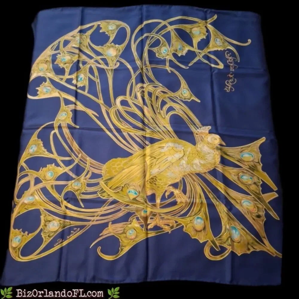 VINTAGE Lalique Paris 100% Silk Square Scarf Art Nouveau Paradise Royale Peacock